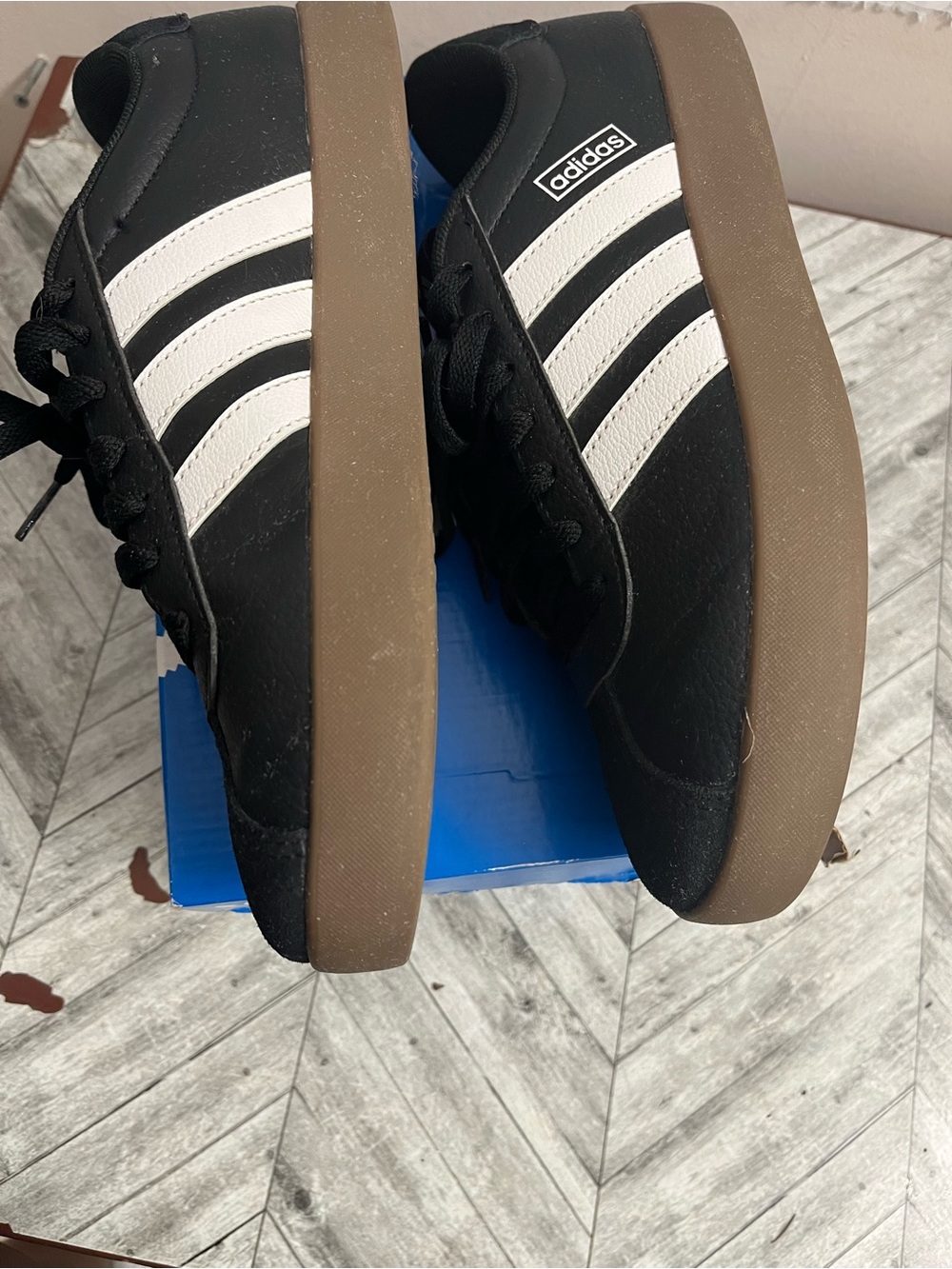 Men’s adidas Black Sneakers with White Stripes and Gum Sole size 8